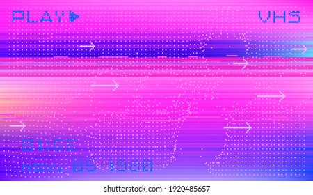 Glitched retro VHS screen with flickers and broken pixels. Old-fashioned retrowave style background.