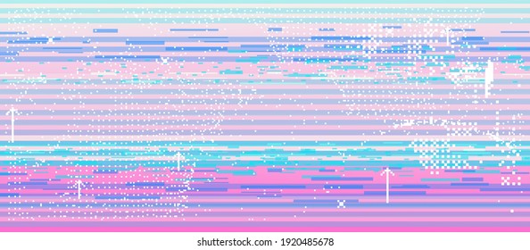 Glitched retro VHS screen with flickers and broken pixels. Old-fashioned retrowave style background.