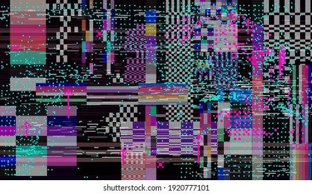 Glitched retro VHS screen with flickers and broken pixels. Old-fashioned retrowave style background.