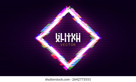 Glitched Rhombus Square Frame Design. Distorted Glitch Tech Cyberpunk Y2K Style Modern Background. Game Shape Glow Graphic Design for Digital Banner, Poster, Flyer. Vector Illustration.