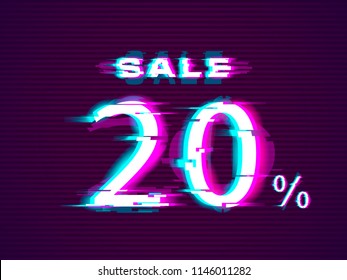 Glitched Sale up to 20% off. Distorted Glitch Style Modern Background. Glow Design for Graphic Design - Banner, Poster, Flyer, Brochure, Card. Vector Illustration.