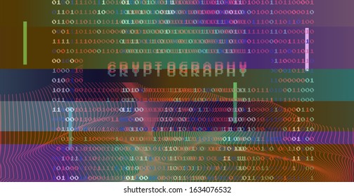 Glitched screen with binary code. Concept illustration for Cryptography, Artificial Intelligence, Big Data technologies. 