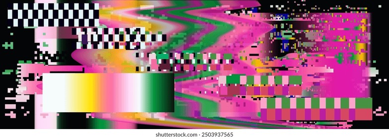 Glitched screen with colorful random neon pixel noise and flickers.