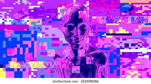 Glitched screen with human silhouette hidden in pixels. Conceptual illustration for Artificial intelligence, Cyber Security and Informational technologies.