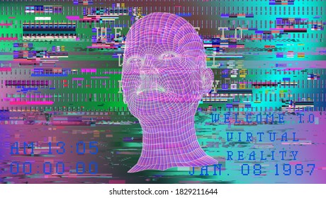 Glitched screen with low poly 3D head. Conceptual illustration of Biometrics, Facial Recognition and Virtual Reality.