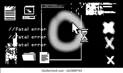 Glitched screen with malware computer program. Pixel art style illustration like in old 1-bit black and white images.