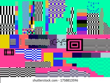 Glitched screen with random colorful pixel noise pattern. Vaporwave and webpunk style background.
