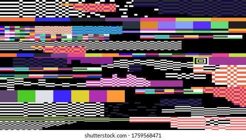 Glitched screen with random colorful pixel noise pattern. Vaporwave and webpunk style background.