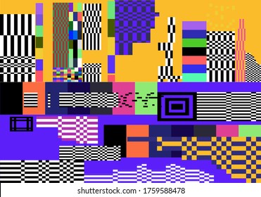 Glitched screen with random colorful pixel noise pattern. Vaporwave and webpunk style background.