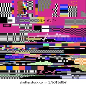 Glitched screen with random colorful pixel noise pattern. Vaporwave and webpunk style background.