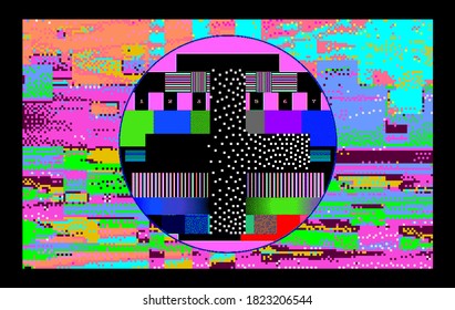 Glitched Screen With Random Pixel Noise And SMPTE Color Bars. Cyberpunk Retrofuturistic Style Collage.