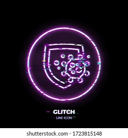 Glitched Shield protects from virus cell line art vector icon. Outline symbol of health protection. Immunity defense pictogram made of thin stroke. Isolated on background. 80s cyber punk style