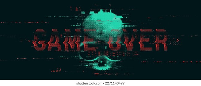 Glitched sign skull with "Game over" sign. Danger internet virus, technical problem or system error. Vector illustration.