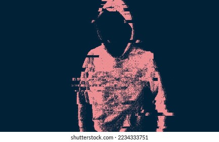 Glitched silhouette, bitmap effect, error signal, technical problem. Hacked system or cyber attack. Vector illustration.