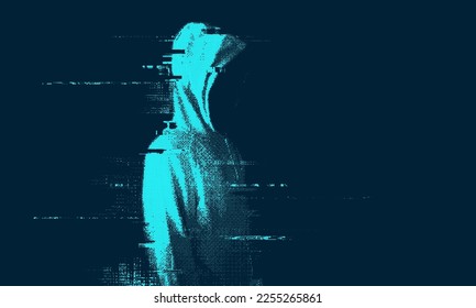 Silhouette glitched, efecto bitmap, señal de error, problema técnico. Sistema hackeado o ciberataque. Ilustración vectorial.