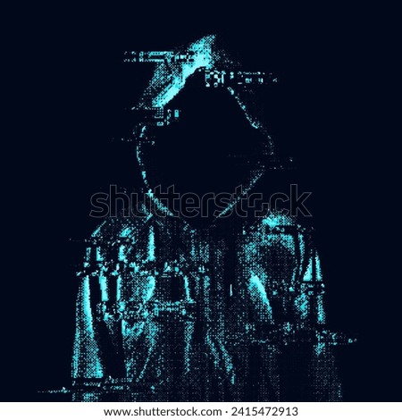 Glitched silhouette, bitmap effect, error signal, technical problem. Hacked system or cyber attack. Vector illustration.