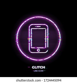 Glitched Smartphone line art vector icon. Outline symbol of modern phone. Mobile smart cellphone pictogram made of thin stroke. Isolated on background. 80s cyber punk style