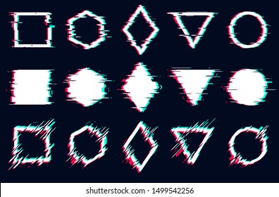 Glitched square, hexagon, rhombus, triangle and circle frames, Vector glitch set digital noise defect