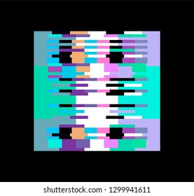 Glitched square on dark background. Design template for logotype in vaporwave/ cyberpunk retrofuturistic style.