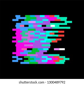 Glitched square on dark background. Design template for logotype in vaporwave/ cyberpunk retrofuturistic style.