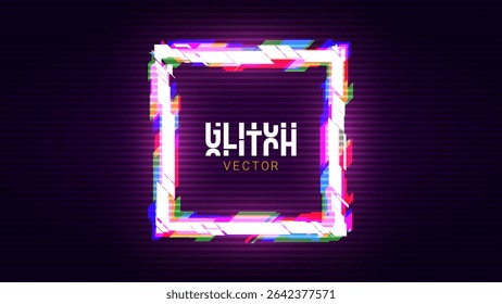Glitched Square Rectangle Frame Design. Distorted Glitch Tech Cyberpunk Y2K Style Modern Background. Game Shape Glow Graphic Design for Digital Banner, Poster, Flyer. Vector Illustration.
