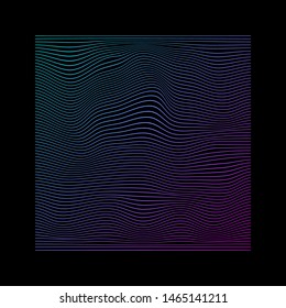 Glitched square of wavy lines in neon vivid colors on black background. 