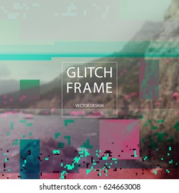 Glitched style design template on blurry nature landscape. Random colorful digital signal errors on photo of mountain. Trendy computer graphic for poster, postcard, application or music album.