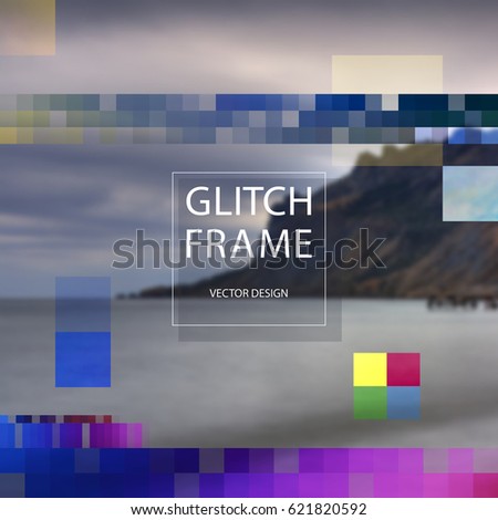 Glitched style design template on of blurry nature landscape. Random colorful digital signal errors on photo of seascape. Trendy computer graphic for poster, postcard, application or music album.