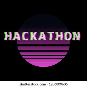 Glitched synthwave sun. Desighn template in retrofuturistic style for Hackathon event.