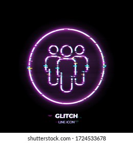 Glitched Teamwork line art vector icon. Outline symbol of group of people. Team pictogram made of thin stroke. Isolated on background. 80s cyber punk style