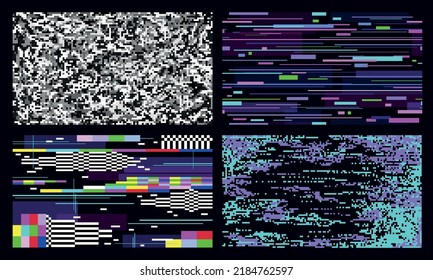 Texturas resplandecientes. Pantalla brillante de computadora, gráfico de ruido blanco de tv. El pixelado de distorsión artística de los años 80, la señal digital falló. Antecedentes vectoriales del estilo ciberpunk