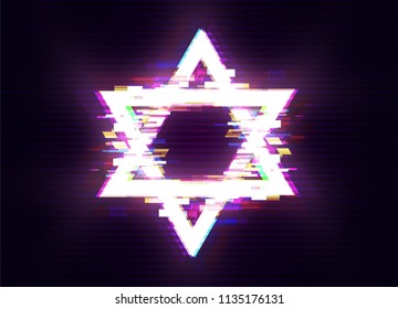 Glitched «Magen David» (The Shield of David, or The Star of David, or The Seal of Solomon), the Jewish Hexagram Frame Design. Distorted Glitch Style Modern Background. Vector Illustration.