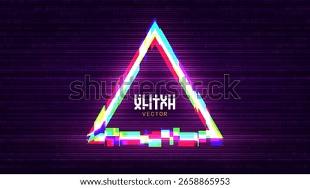 Glitched Triangle Attention Frame Design. Distorted Glitch Tech Cyberpunk Y2K Style Modern Background. Game Shape Glow Graphic Design for Digital Banner, Poster, Flyer. Vector Illustration.