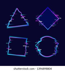 Glitched triangle, circle, square, rhombus backgroungs. Design templates for banner, poster, flyer, card, web. Retro distorted glitch style. Vector illustration.