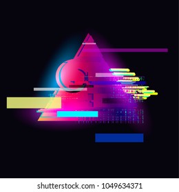 Glitched Triangle Frame Design. Distorted Glitch Style Modern Background. Glow Design for Graphic Design - Banner, Poster, Flyer, Brochure, Card. Vector Illustration.