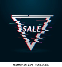 Glitched triangle frame. Glitch effect, distorted triangular shape. Sale label