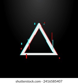 Glitched triangle frame. Glitch effect, distorted triangular shape. Stock vector illustration isolated on black background.