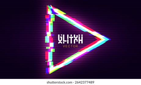 Glitched Triangle Play Frame Design. Distorted Glitch Tech Cyberpunk Y2K Style Modern Background. Game Shape Glow Graphic Design for Digital Banner, Poster, Flyer. Vector Illustration.