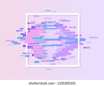 Glitched ultra violet horizontal stripes and shapes with white square frame - modern design graphic abstract element with digital signal error effect, vector illustration.