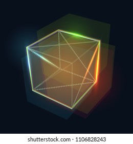 Glitched vector 3d geometric form on black background.  Modern tv distortion effect.