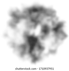 Glitched vector halftone stain. Black blot made of round particles. Modern abstract generative illustration with random distorted spot. Scattered array of dots. Gradation of tone. Element of design.