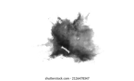 Glitched vector halftone stain. Black blot made of round particles. Modern abstract generative illustration with random distorted spot. Scattered array of dots. Gradation of tone. Element of design.