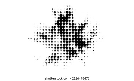 Mancha de semitono vectorial brillante. Barra negra hecha de partículas redondas. Ilustración generativa abstracta moderna con punto distorsionado al azar. Matriz dispersa de puntos. Gradación del tono. Elemento de diseño.