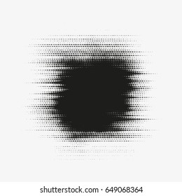 Glitched vector halftone stain. Black blot made of round particles. Modern abstract generative illustration with random distorted spot. Scattered array of dots. Gradation of tone. Element of design.