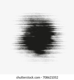 Glitched vector halftone stain. Black blot made of round particles. Modern abstract generative illustration with random distorted spot. Scattered array of dots. Gradation of tone. Element of design.