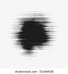 Glitched vector halftone stain. Black blot made of round particles. Modern abstract generative illustration with random distorted spot. Scattered array of dots. Gradation of tone. Element of design.