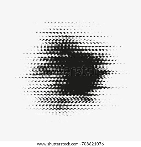 Glitched vector halftone stain. Black blot made of round particles. Modern abstract generative illustration with random distorted spot. Scattered array of dots. Gradation of tone. Element of design.