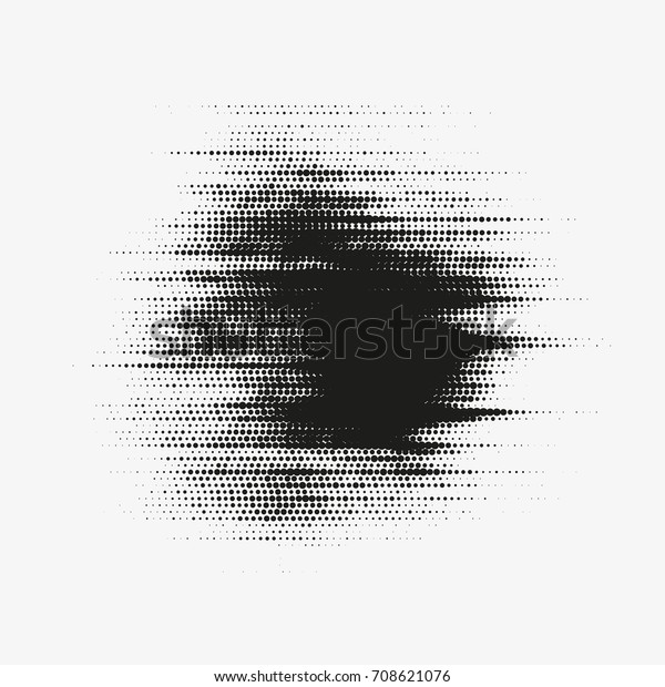 Glitched vector halftone stain. Black blot made\
of round particles. Modern abstract generative illustration with\
random distorted spot. Scattered array of dots. Gradation of tone.\
Element of design.