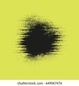 Glitched vector halftone stain. Colorful blot made of round particles. Modern abstract generative illustration. Random distorted spot. Scattered array of dots. Gradation of tone. Element of design.