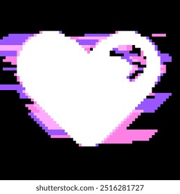 Glitched White Heart with Pink Color Leaking Effect, Pixel Art Style Illustration